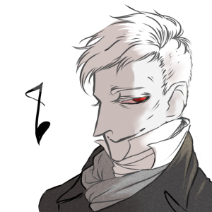 nightingale An illustration of the Nightingale in profile, a suave man in his 40s with white skin, white hair, and red eyes, wearing his collar up and covered in layers of fancy clothes.